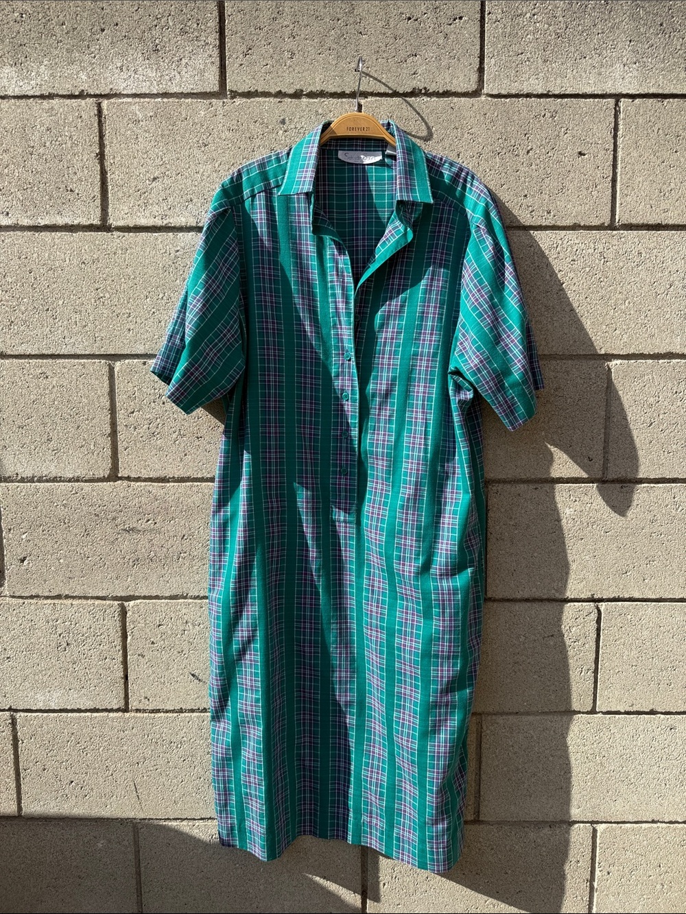 Green Plaid Short-Sleeve Button Down Dress